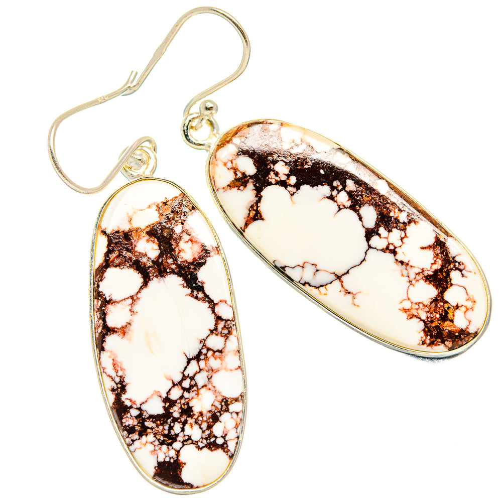 Wild Horse Jasper oval drop earrings, pair view with silver hooks; white and brown pattern