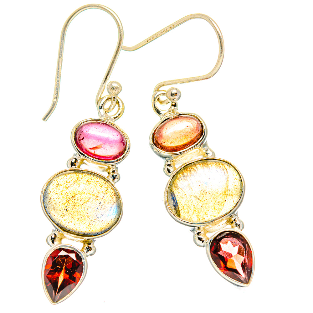 925 sterling silver drop earrings with iridescent blue oval stones and red teardrop garnets