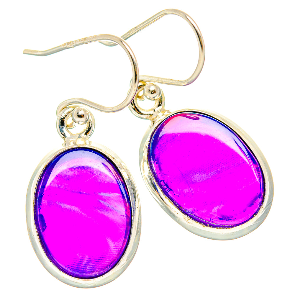 Oval opal drop earrings in sterling silver with pink-purple iridescent oval cabochon