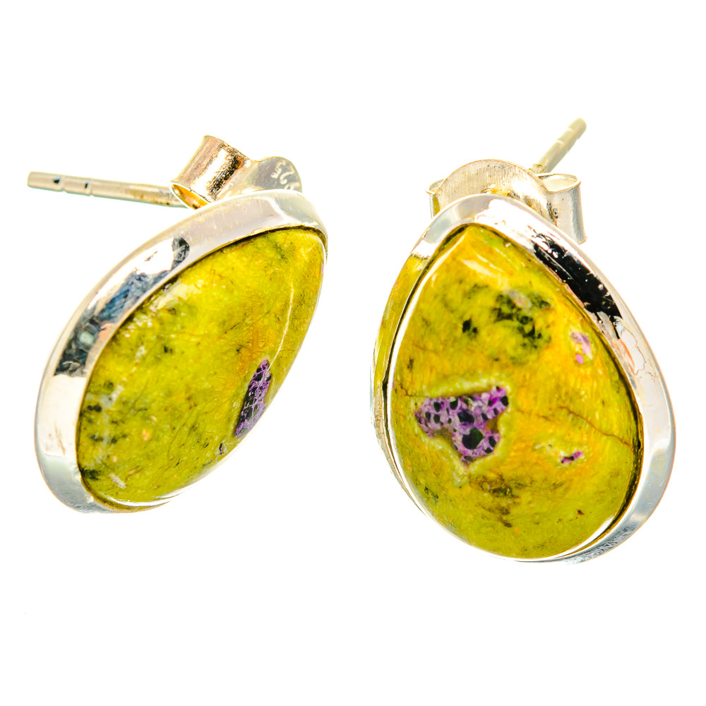 925 sterling silver teardrop earrings with yellow-green gemstone and purple speckles