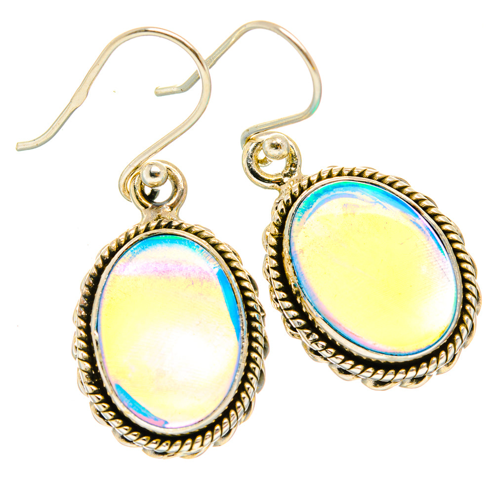 Pair of oval opal drop earrings, 925 sterling silver, rope bezel and fishhook ear wires