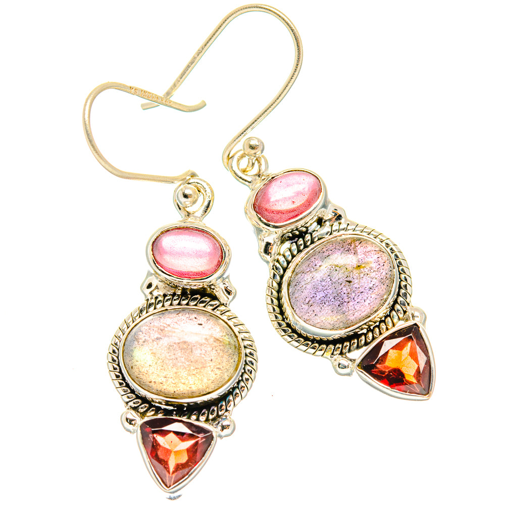 Sterling silver drop earrings with pink oval tops, iridescent round labradorite, and orange triangles