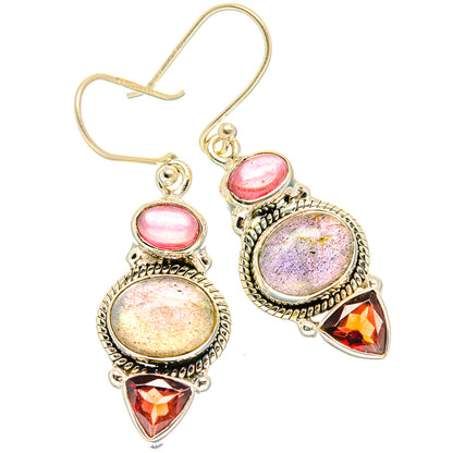 Sterling silver drop earrings with pink oval tops, iridescent round labradorite, and orange triangles