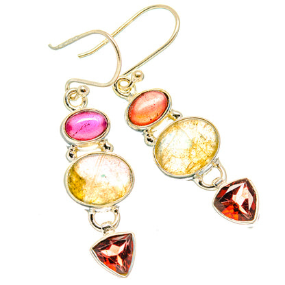 Sterling silver drop earrings with pink oval, gold iridescent round, and red garnet triangle