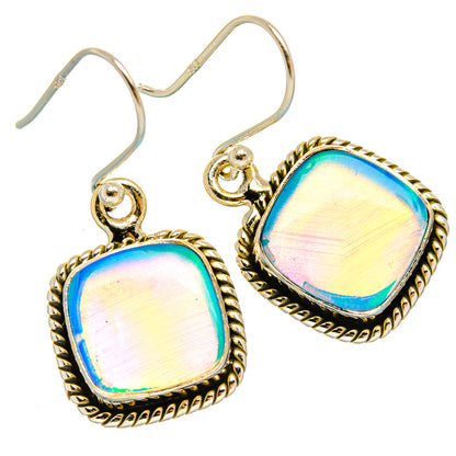 Sterling silver opal drop earrings with gold-tone rope bezel and blue-and-pink iridescent stones