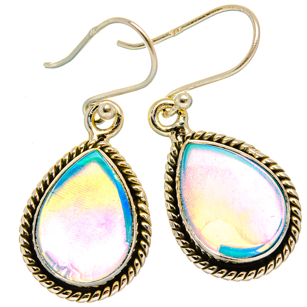 Teardrop opal earrings in gold-tone 925 sterling silver, rope border, hook backs