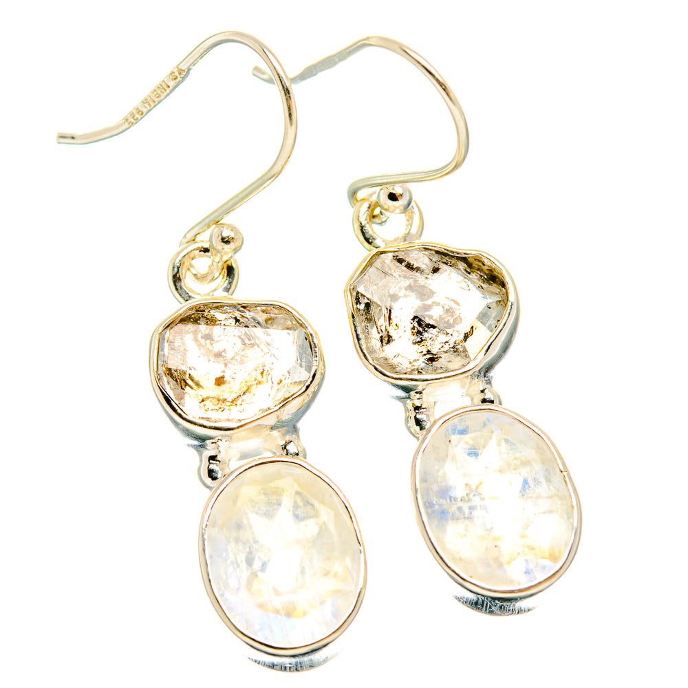 Sterling silver drop earrings with clear faceted stones and white opal moonstone drops