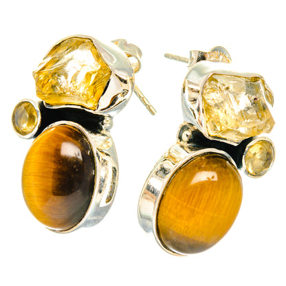 925 sterling silver earrings with yellow faceted stones, tiger eye ovals, and post backs