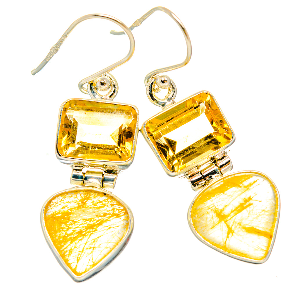 Sterling silver dangle earrings with yellow square studs and heart-shaped rutilated drops