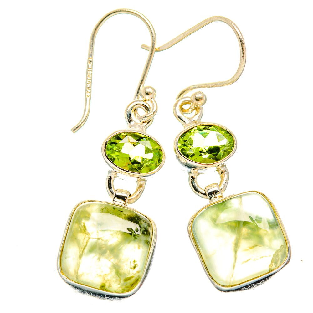 Sterling silver drop earrings with green peridot and prehnite stones, dangling pear shapes