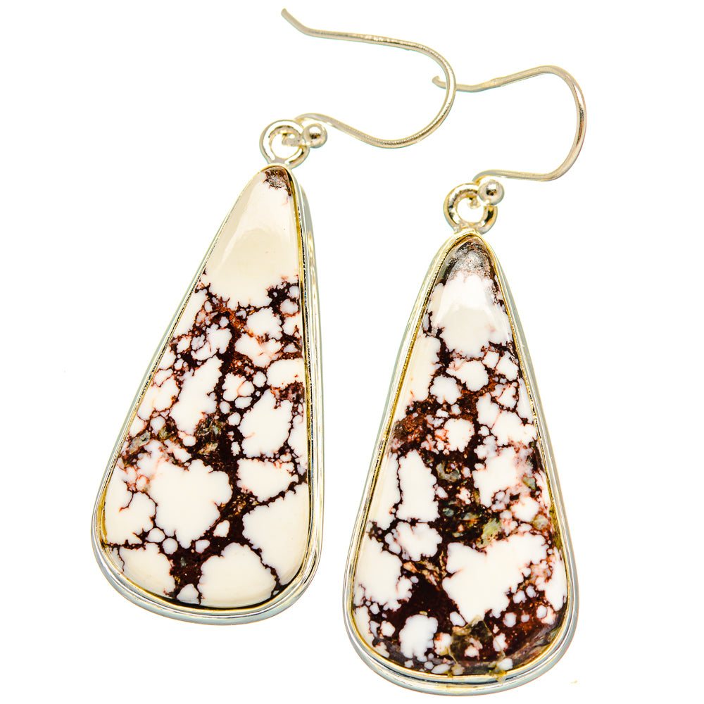 Teardrop wild horse jasper drop earrings, 925 silver, white with dark brown veining