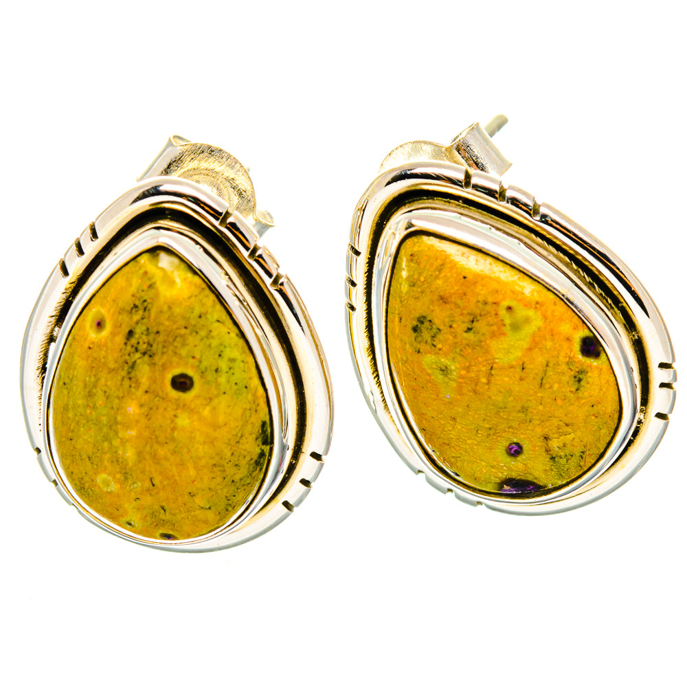 Teardrop earrings with yellow jasper-like stone, gold-and-silver bezel, 925 sterling silver hooks