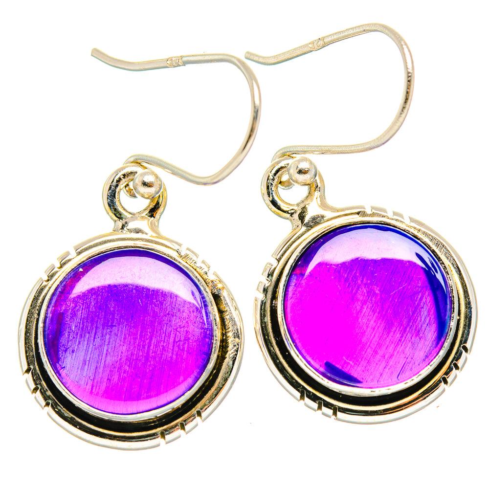 Purple oval opal drop earrings with gold bezel and French hooks, sterling silver