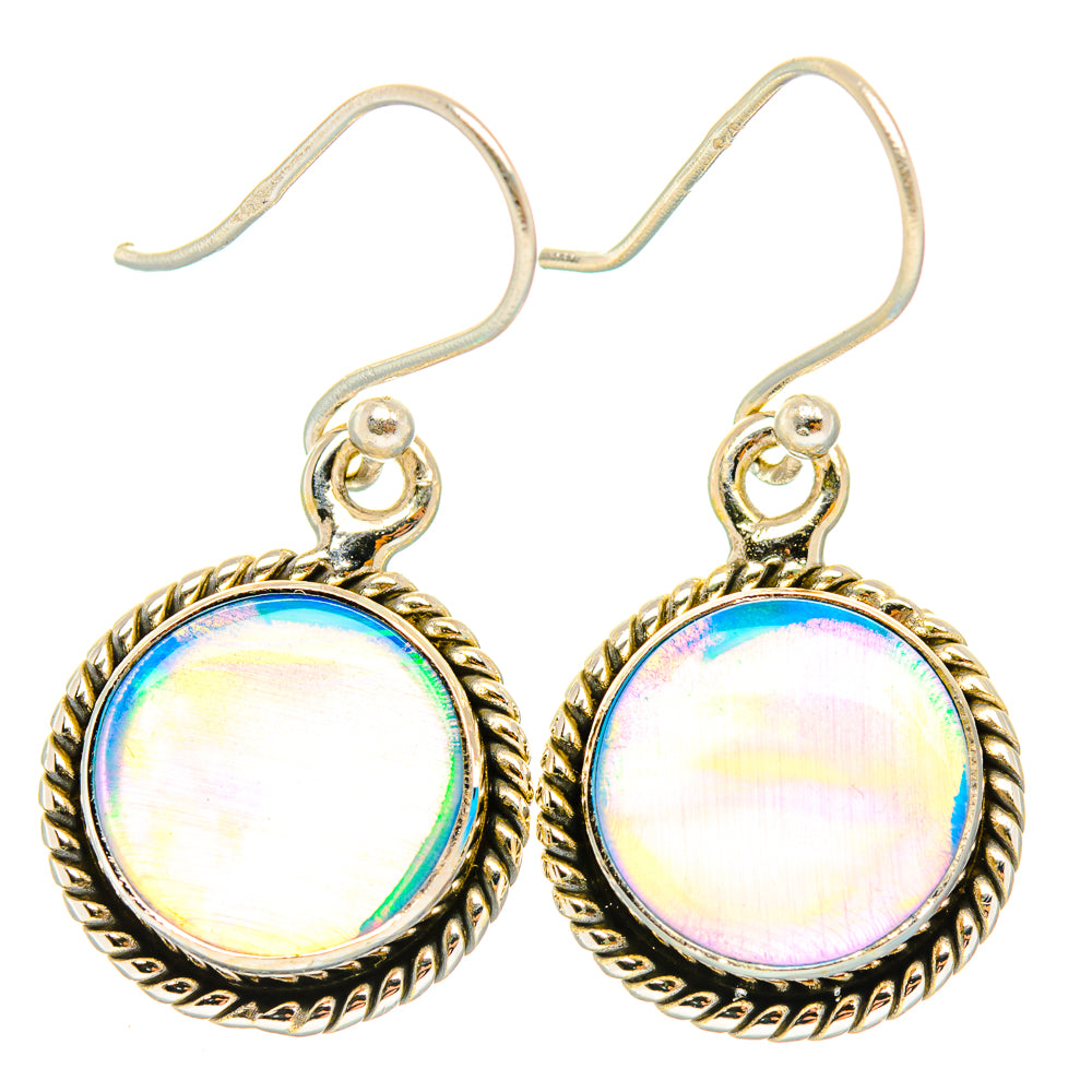 Iridescent opal drop earrings, oval silver settings with rope bezel and dangling hook backs
