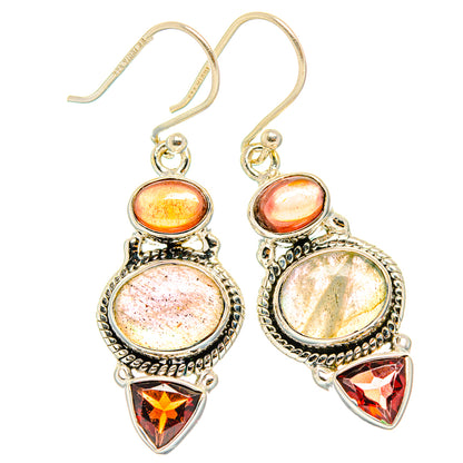 Sterling silver drop earrings with red-orange oval stones, round labradorite, and red triangles