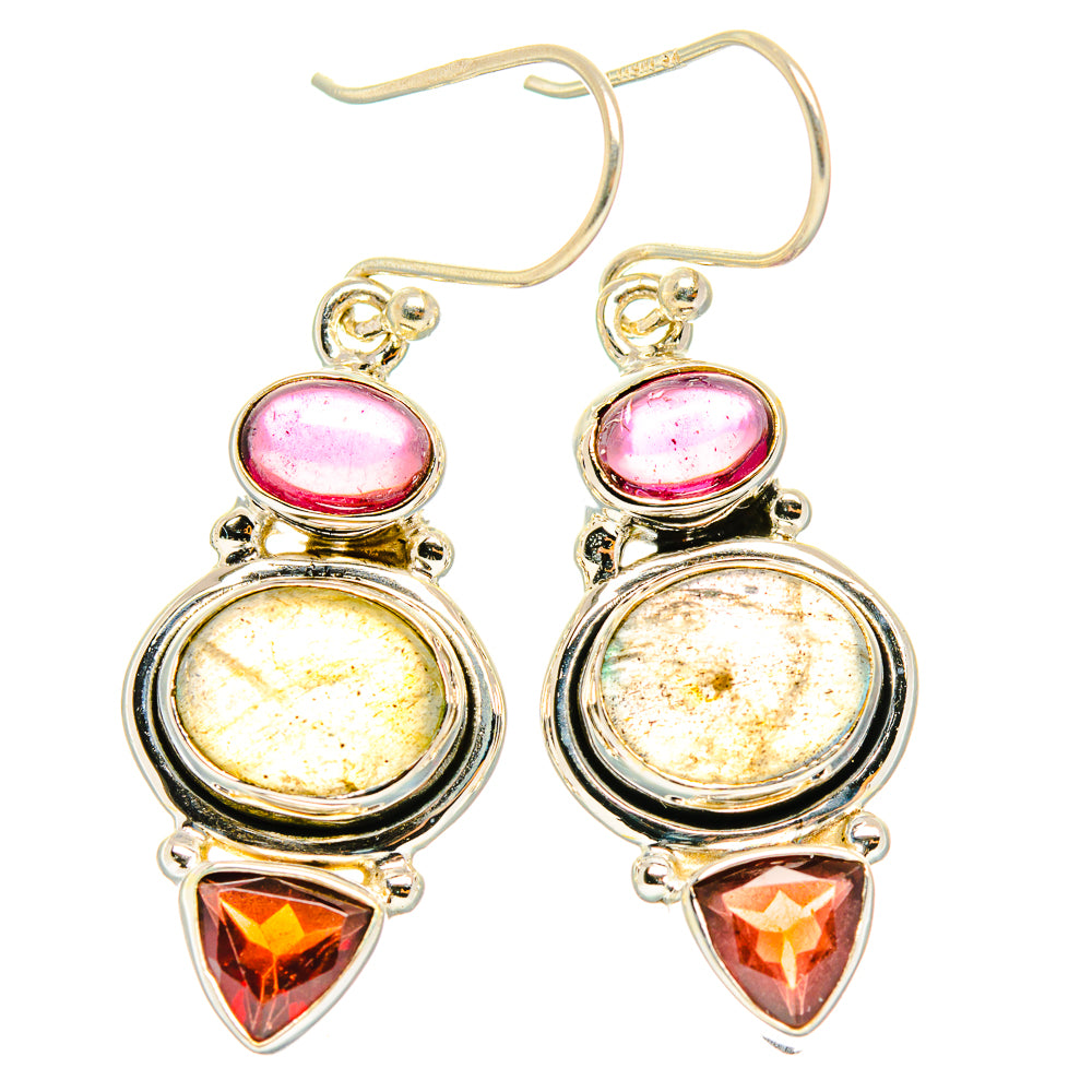 Sterling silver labradorite and garnet earrings with oval pink tops, golden round stones, red triangles