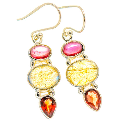 Drop earrings with oval pink stones and round labradorite, plus red teardrop accents