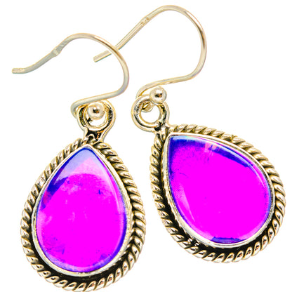 Teardrop opal earrings with bright pink-purple stones and rope-edged 925 silver hooks