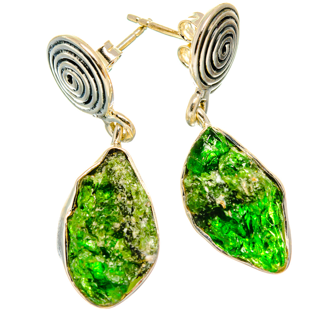 Sterling silver diopside drop earrings with green rough teardrop stones and spiral discs