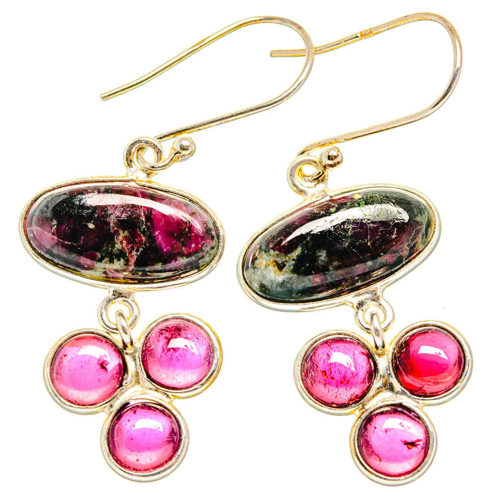 Garnet and eudialyte drop earrings with oval pink-red gemstone and three round pink stones