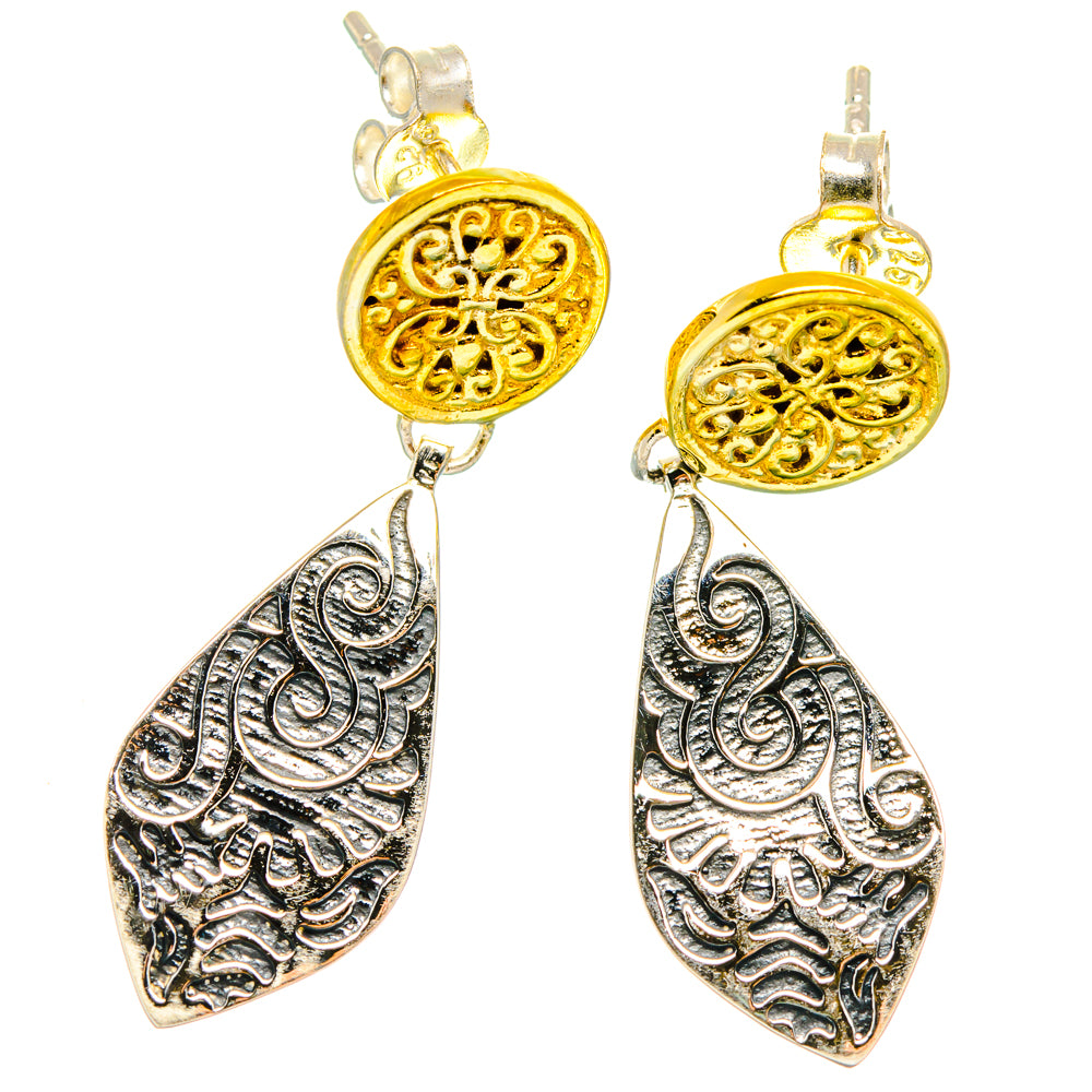 Engraved teardrop earrings with gold round tops and silver filigree dangles