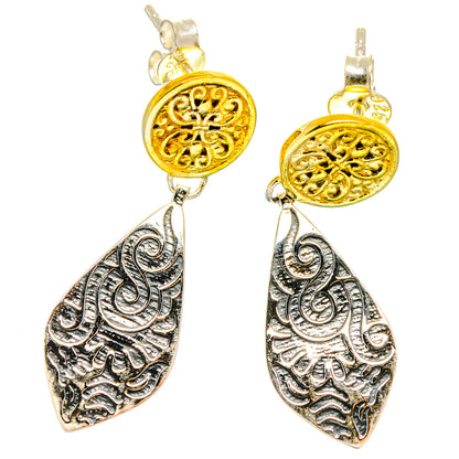 Engraved teardrop earrings with gold round tops and silver filigree dangles