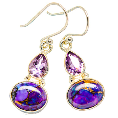 Purple and amethyst drop earrings with oval purple stone; gold-tone hooks