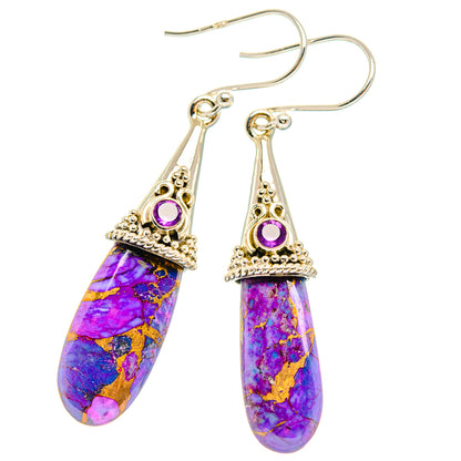 Gold-tone teardrop earrings with purple cabochon caps and purple mosaic stone drops