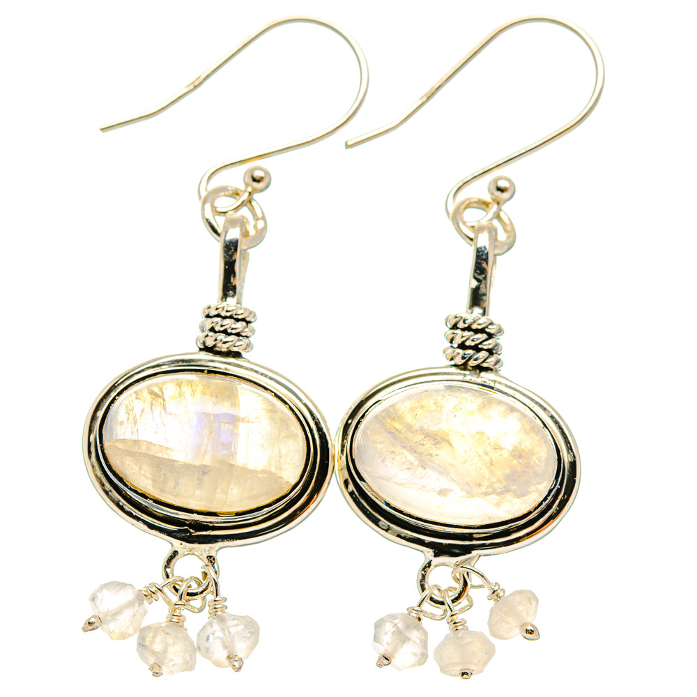 925 sterling silver moonstone drop earrings, oval bezel with dangling white bead charms