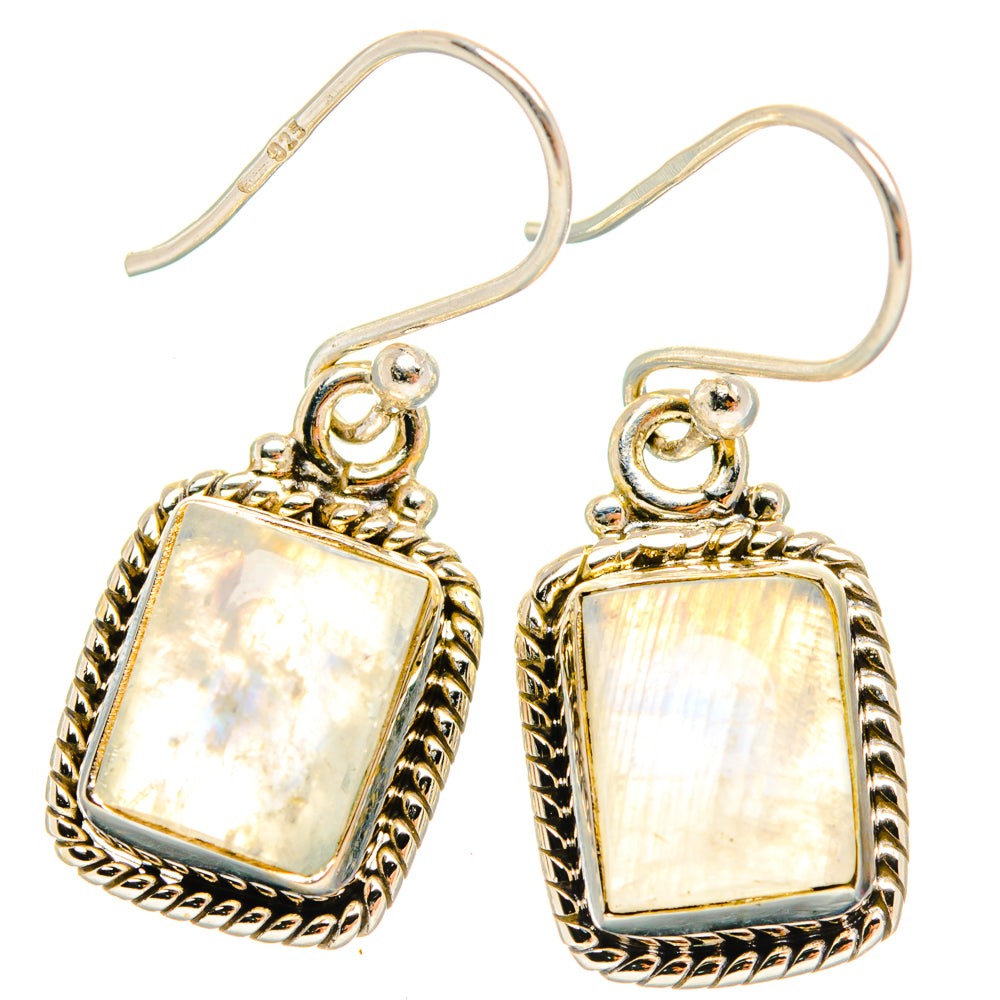 925 sterling silver dangle earrings with square rainbow moonstone and ornate bezel