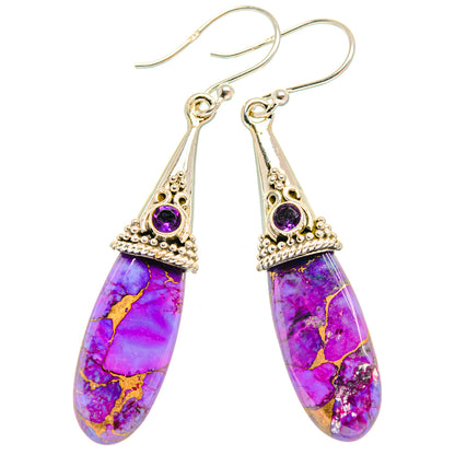925 sterling silver drop earrings, purple teardrop stone with round amethyst bezel