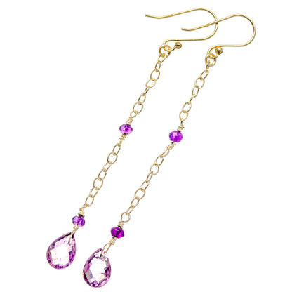 Amethyst drop earrings with purple faceted teardrop stones on chain dangles