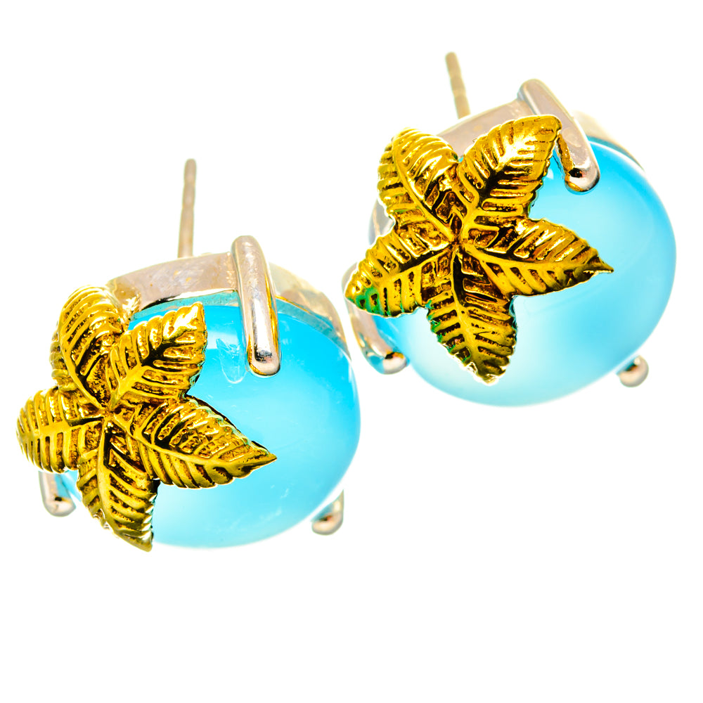 Aqua chalcedony drop earrings, round blue stone with gold leaf accents, 925 silver posts