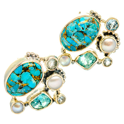 Turquoise and pearl drop earrings with silver-tone settings and blue gemstone accents