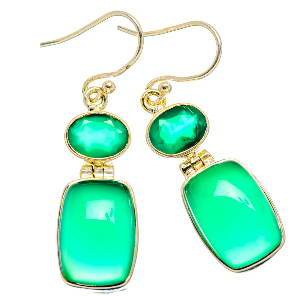 Green onyx drop earrings, gold-tone 925 sterling silver with oval and rectangular green stones