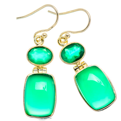 Green onyx drop earrings, gold-tone 925 sterling silver with oval and rectangular green stones