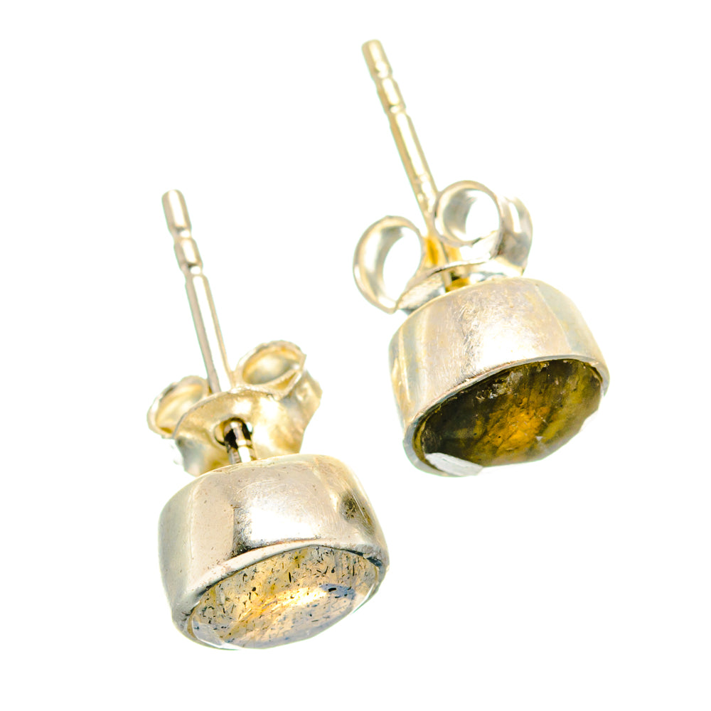 Round bezel-set labradorite stud earrings with silver posts