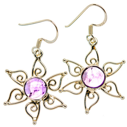 Amethyst and 925 sterling silver dangle earrings with round purple stones and ornate filigree