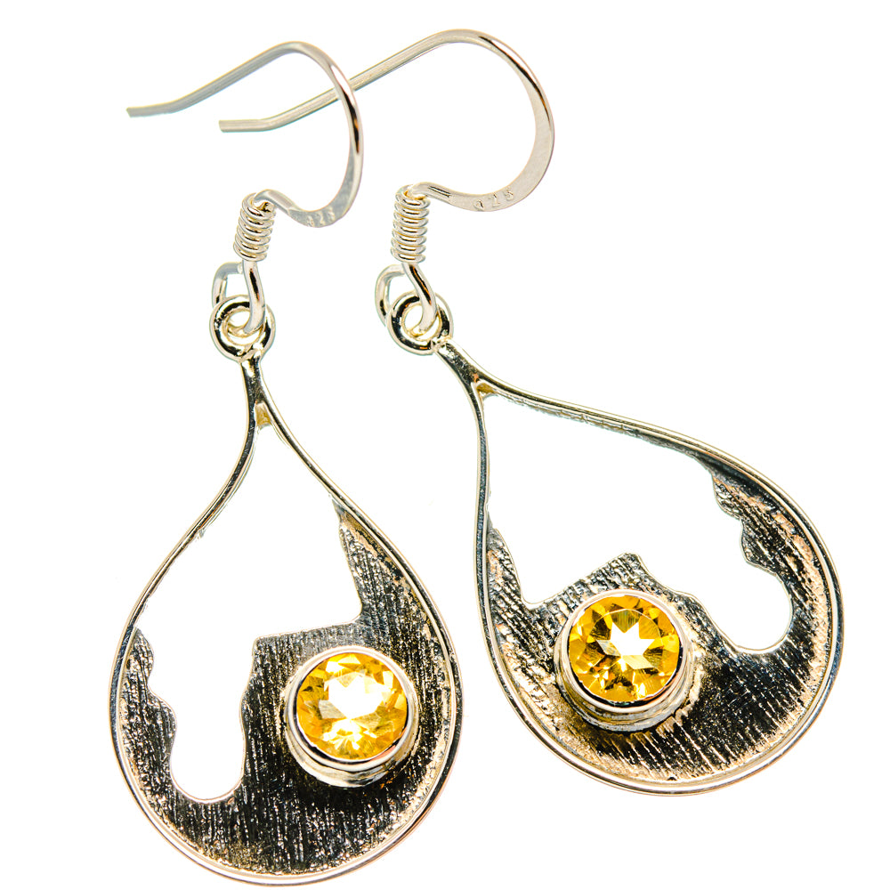 Sterling silver citrine drop earrings, textured teardrop frame and yellow faceted stone