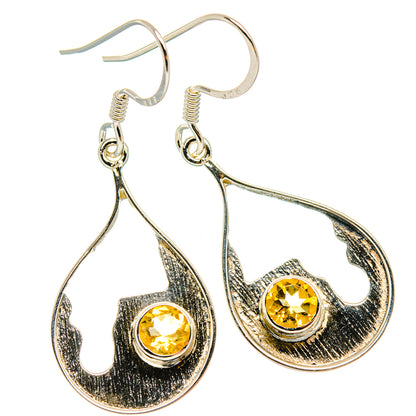 Sterling silver citrine drop earrings, textured teardrop frame and yellow faceted stone