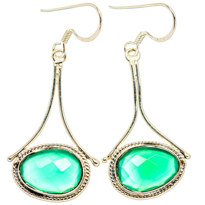 Green onyx drop earrings in 925 sterling silver with oval green stones and ornate frames