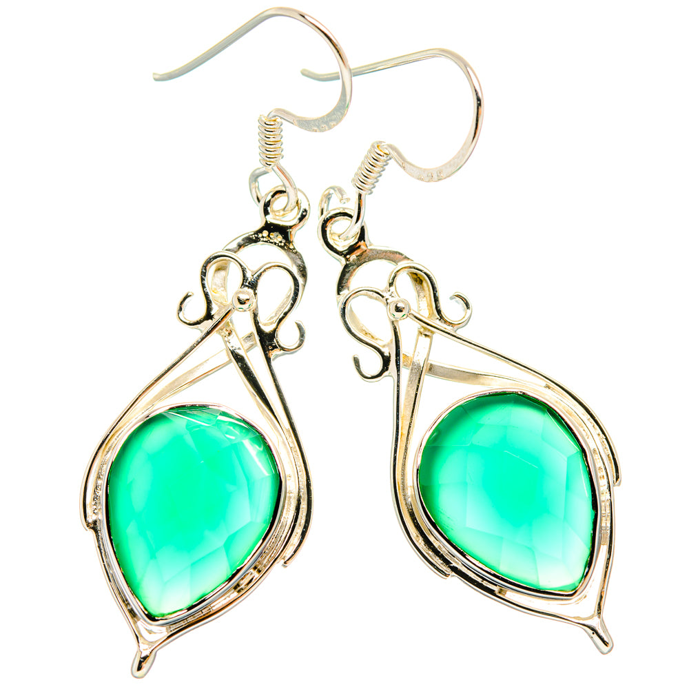 Sterling silver dangle earrings with bright green oval onyx stones and fishhook backs