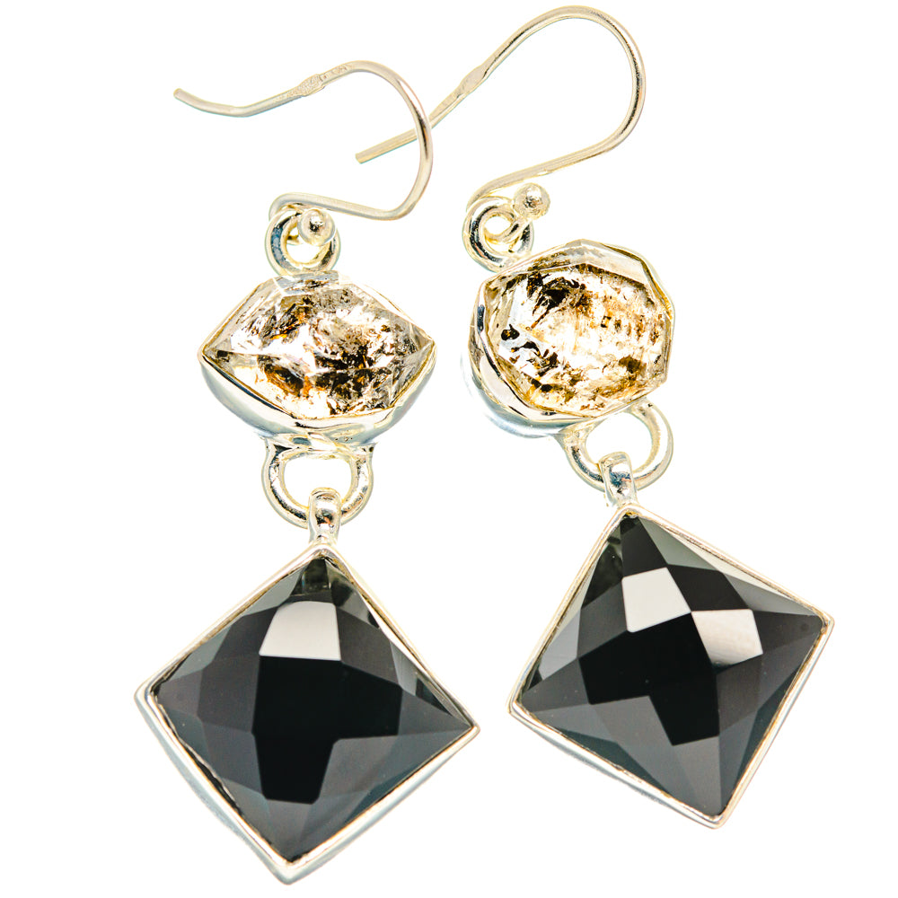 925 sterling silver dangle earrings with square black faceted stones and clear crystal tops