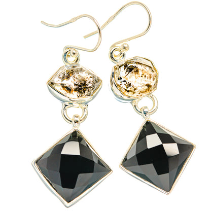 925 sterling silver dangle earrings with square black faceted stones and clear crystal tops