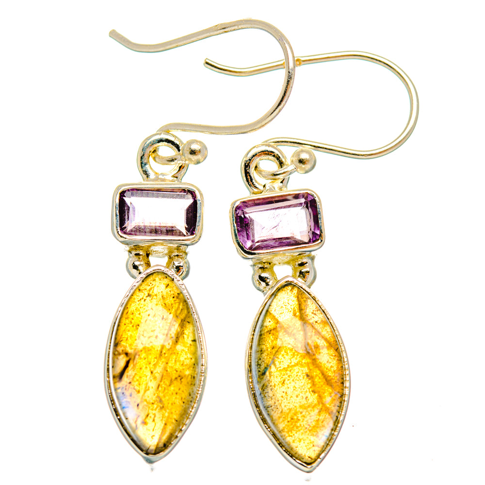 Amethyst and labradorite drop earrings, pink square amethyst, yellow iridescent marquise stones