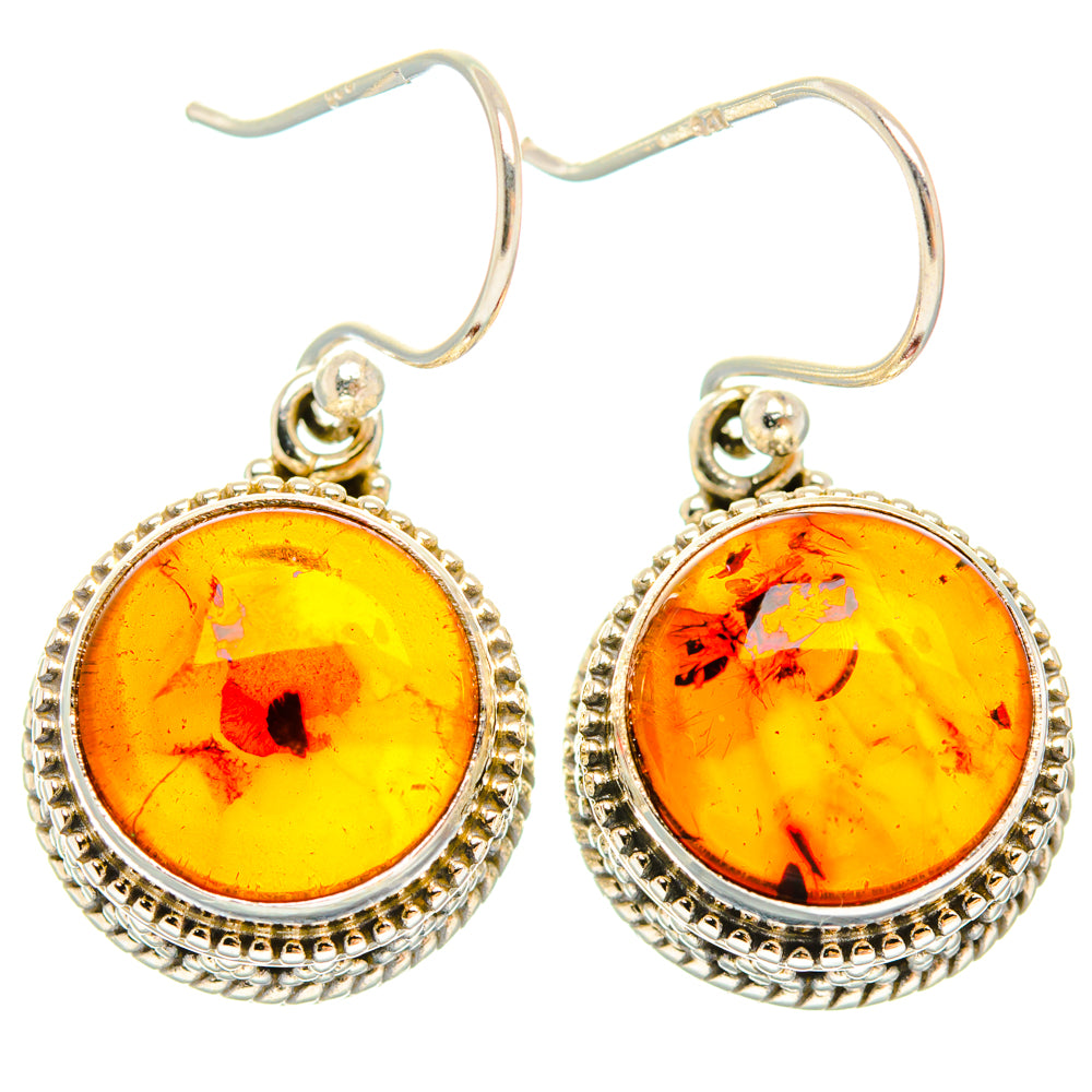Baltic amber earrings, 925 silver round cabochons with beaded border, yellow amber