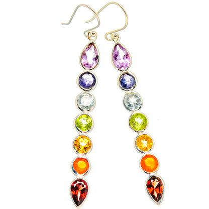 Rainbow chakra drop earrings in 925 sterling silver with faceted multicolor stones