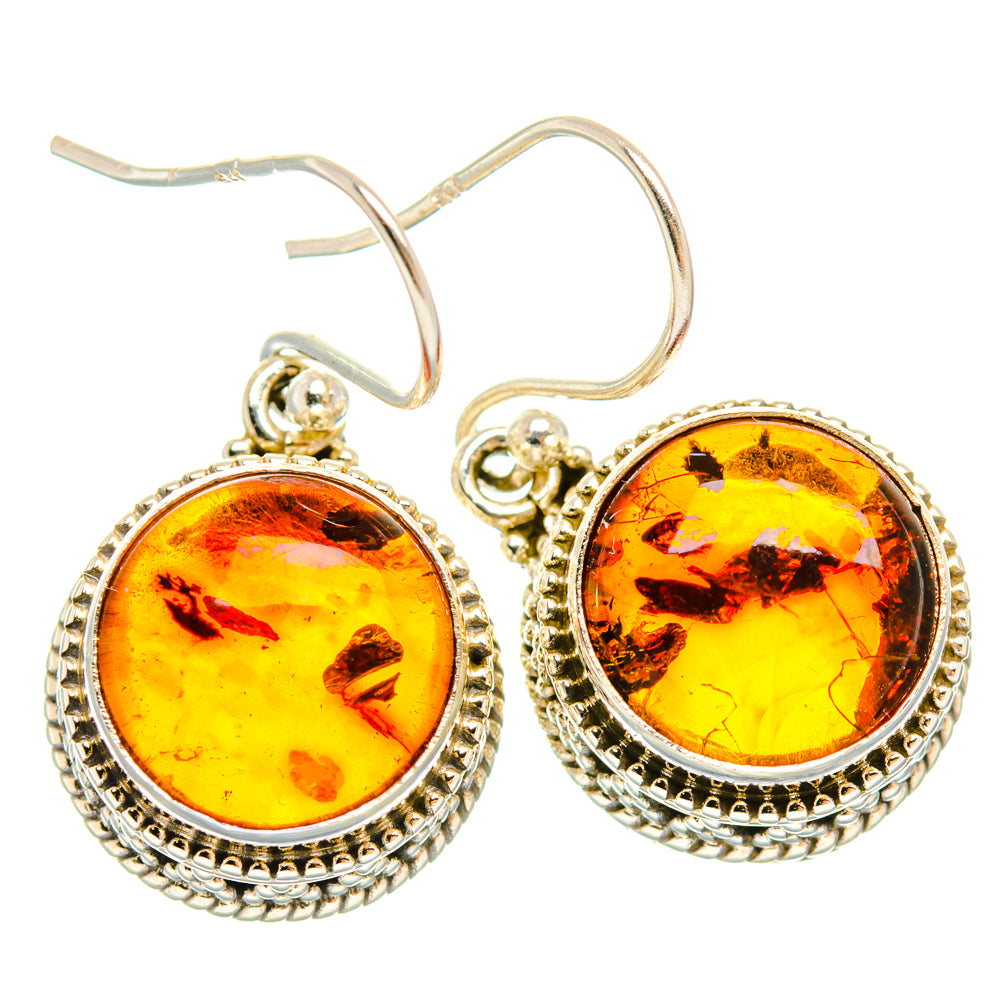Sterling silver round amber drop earrings, faceted warm yellow-orange stones with beaded rim