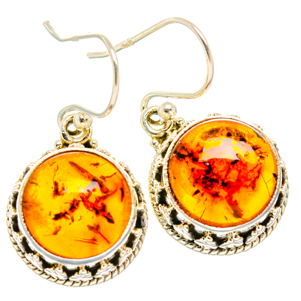 Round amber drop earrings in 925 sterling silver with ornate scalloped settings