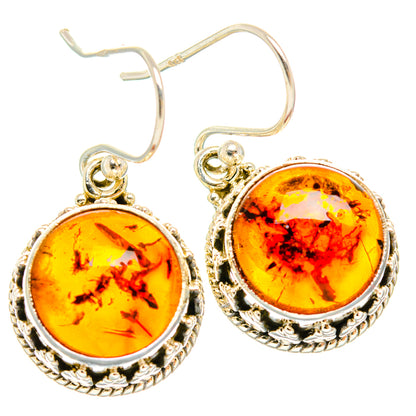 Round amber drop earrings in 925 sterling silver with ornate scalloped settings
